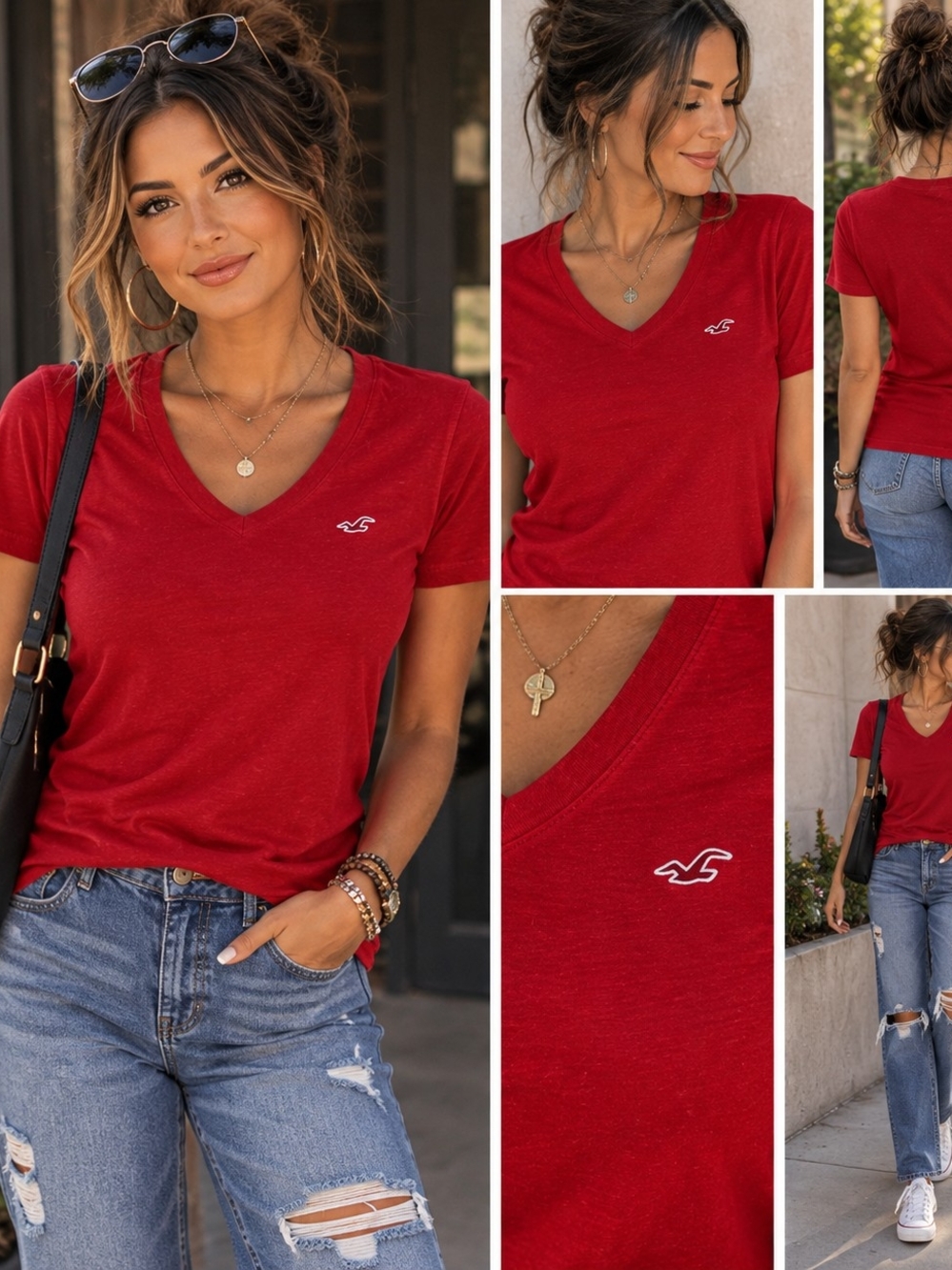 Hollister Women's Red V-Neck Logo Tee